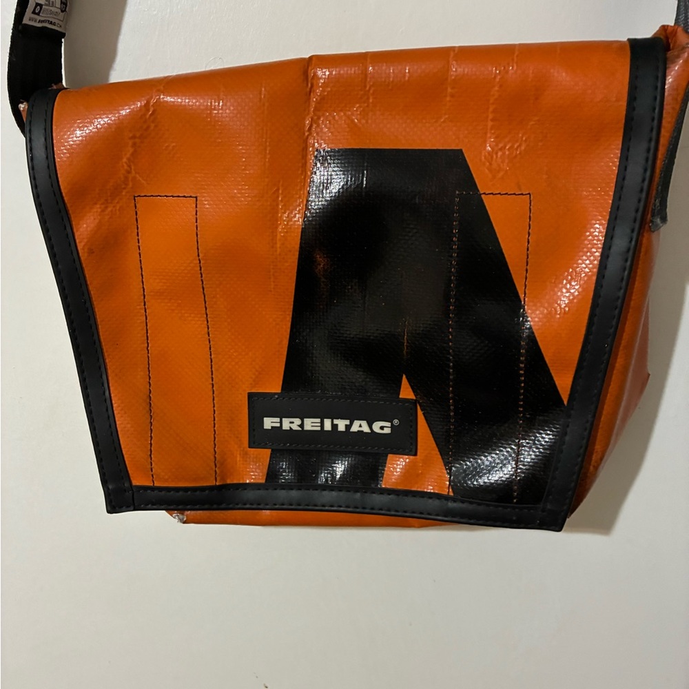 Freitag Orange and Black Crossbody Messenger Bag with Geometric Design
